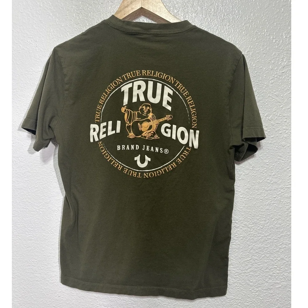 True Religion Mens Olive Green Buddha Guitar Graphic T-Shirt 700536R3 Medium